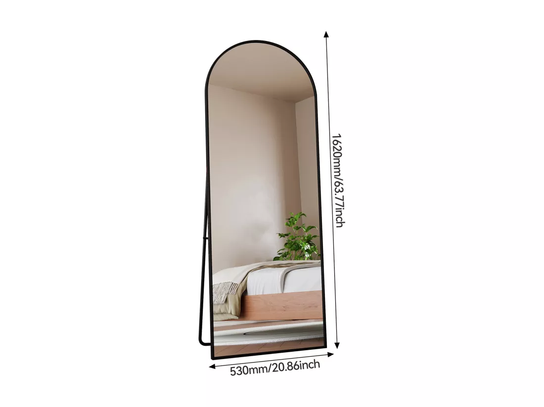 Miroir pleine longueur 162 x 53 cm, sur pied, suspendu ou appuyé, grand miroir de sol avec cadre en alliage d'aluminium noir pour salon ou chambre à coucher, Arc