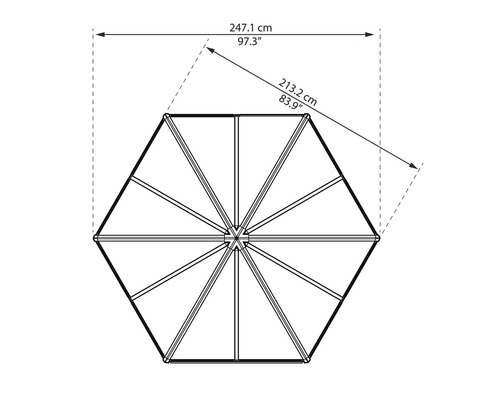 Palram Kas – Canopia Oasis Hexagonaal incl. funderingsframe, lamellenraam, regengoot 247,1 x 213,2 cm grijs