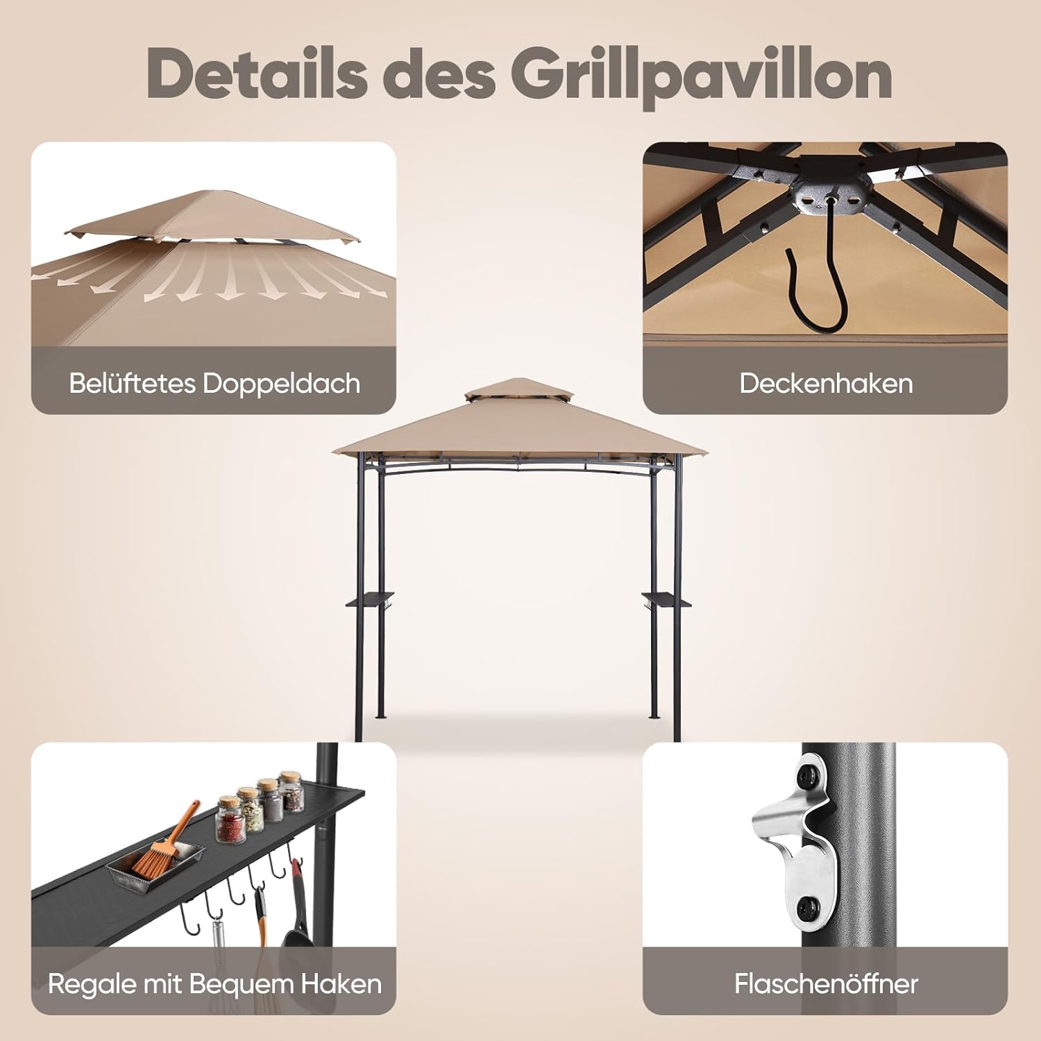Sekey Grill Pavillon 2.45 x 1.50m, Wasserdicht Gartenlauben Gartenzelt Partyzelt für Garten/Partys/Picknick/BBQ´s, UV-Schutz 50+, Taupe