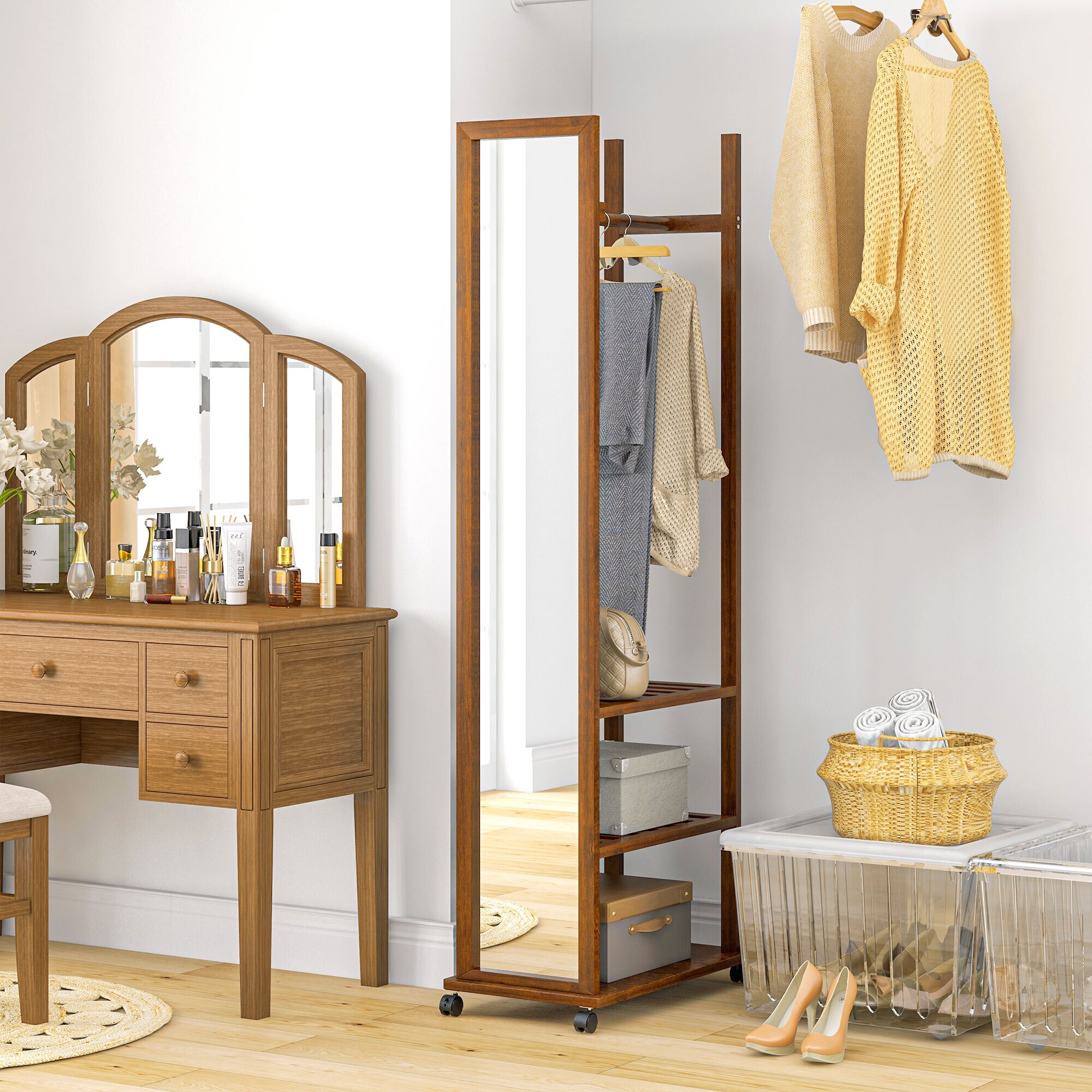 HOMCOM Standspiegel mit Regal und Rollen natur 35,8L x 59,8B x 170H cm