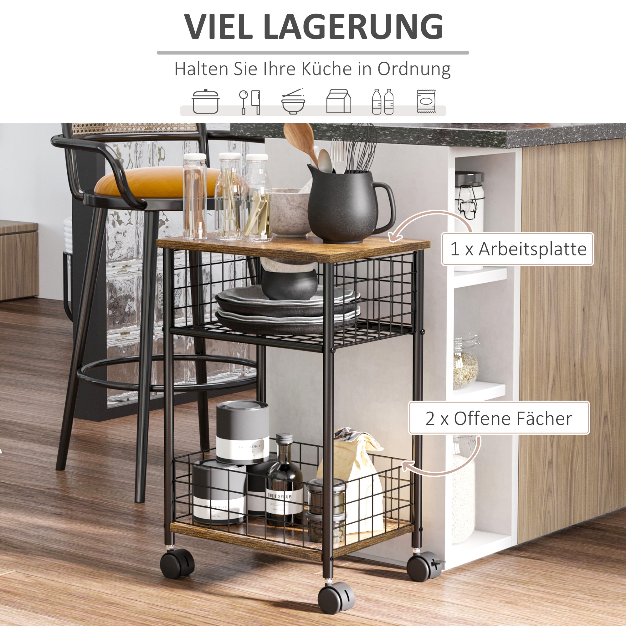 HOMCOM Küchenwagen mit 360°-Lenkrollen braun 40L x 30B x 62H cm