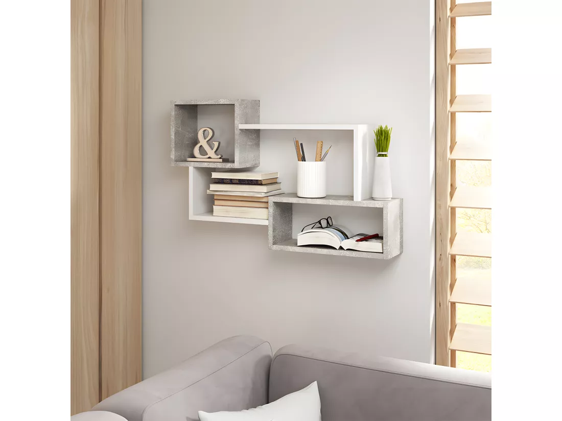 Étagère murale / Étagère asymétrique 3 cases - béton / blanc - KASSI