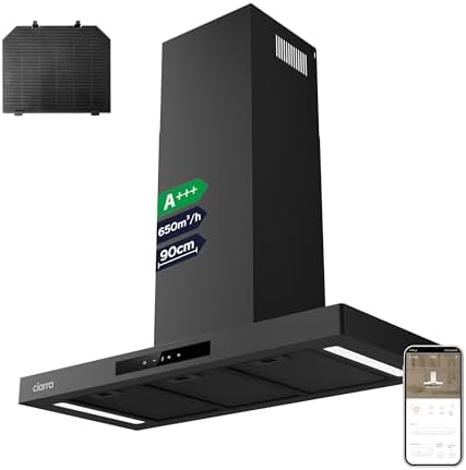 Ciarra Hotte Aspirante 90cm Silencieuse A    650m³/h   4 Vitesses et Boost   Commande Tactile et Wi Fi   Filtre à Charbon Inclus   Coins Arrondis   CBCB9102 P : Gros électroménager