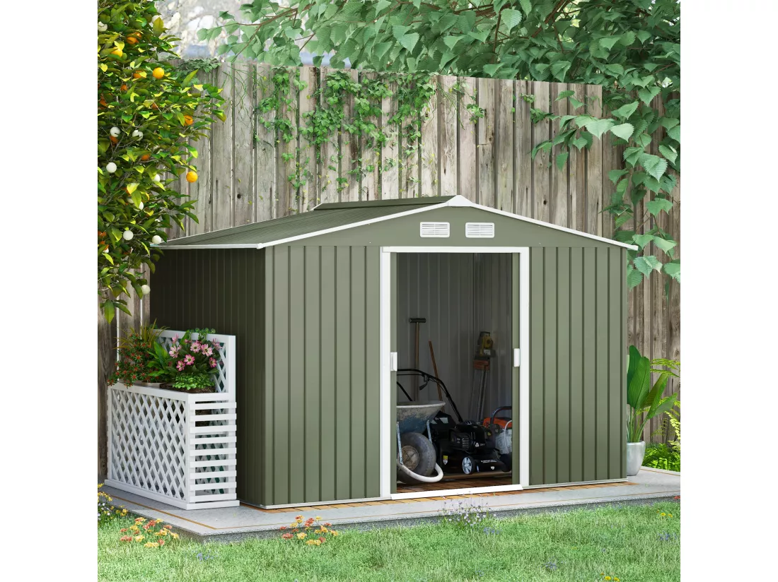 Abri de jardin - remise pour outils - cabanon double porte coulissante - fondation incluse - dim. 277L x 191l x 192H cm - tôle d'acier ondulée vert clair