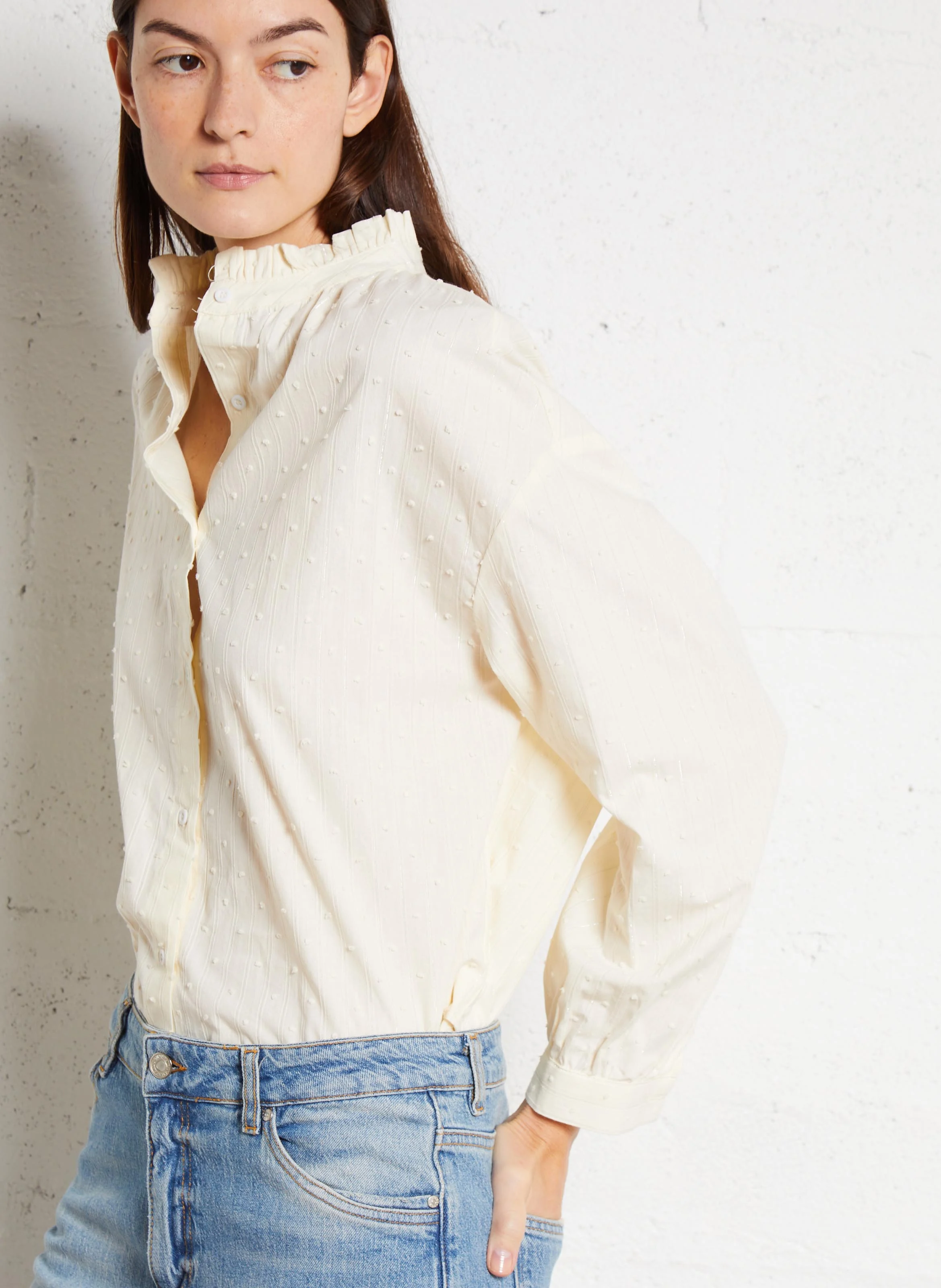 Chemise ample col montant en coton mélangé | Beige