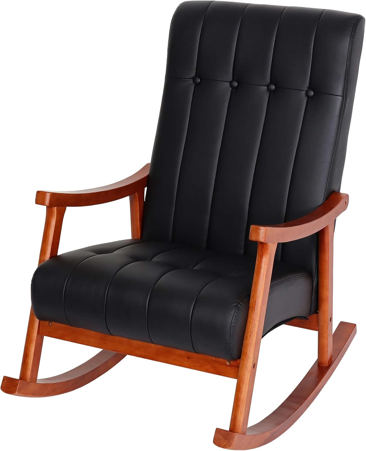Mendler Schaukelstuhl HWC-K10, Schaukelsessel Schwingstuhl Relaxsessel FSC® - Kunstleder schwarz, Gestell Walnuss-Optik