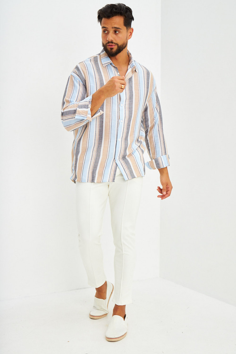 Chemise en maille de coton rayée beige