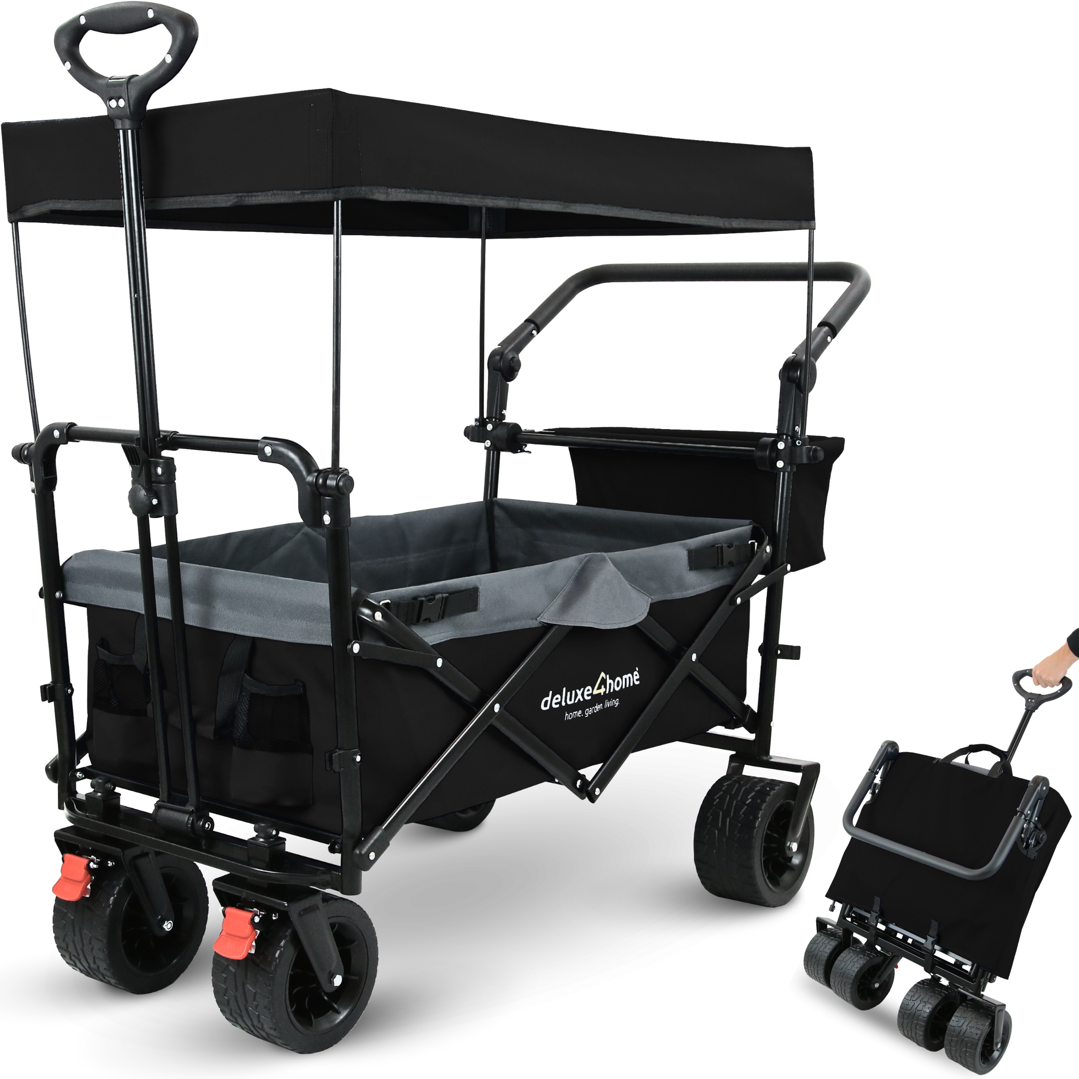 deluxe4home® Bollerwagen faltbar mit Breiten Reifen und Dach | Schwarz/Grau