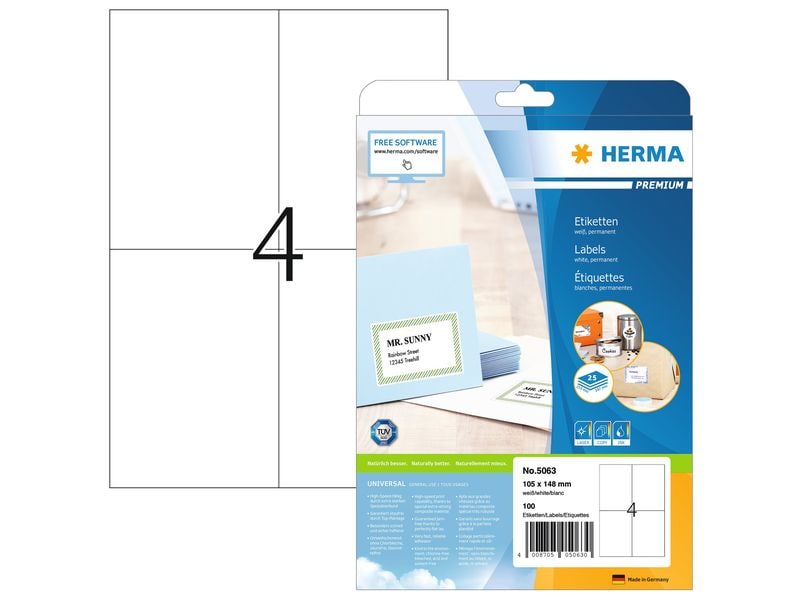 HERMA Universal-Etiketten Premium, 10.5 x 14.8 cm, 100 Etik Blanko Etiketten zur Selbstbeschriftung oder Drucker