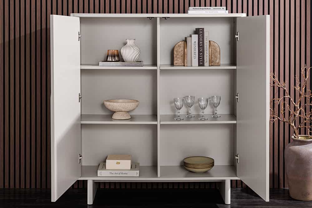 Design Highboard SAVOY 130cm kaschmir weiß Marmor Keramik mit Stauraum und 3D-Front