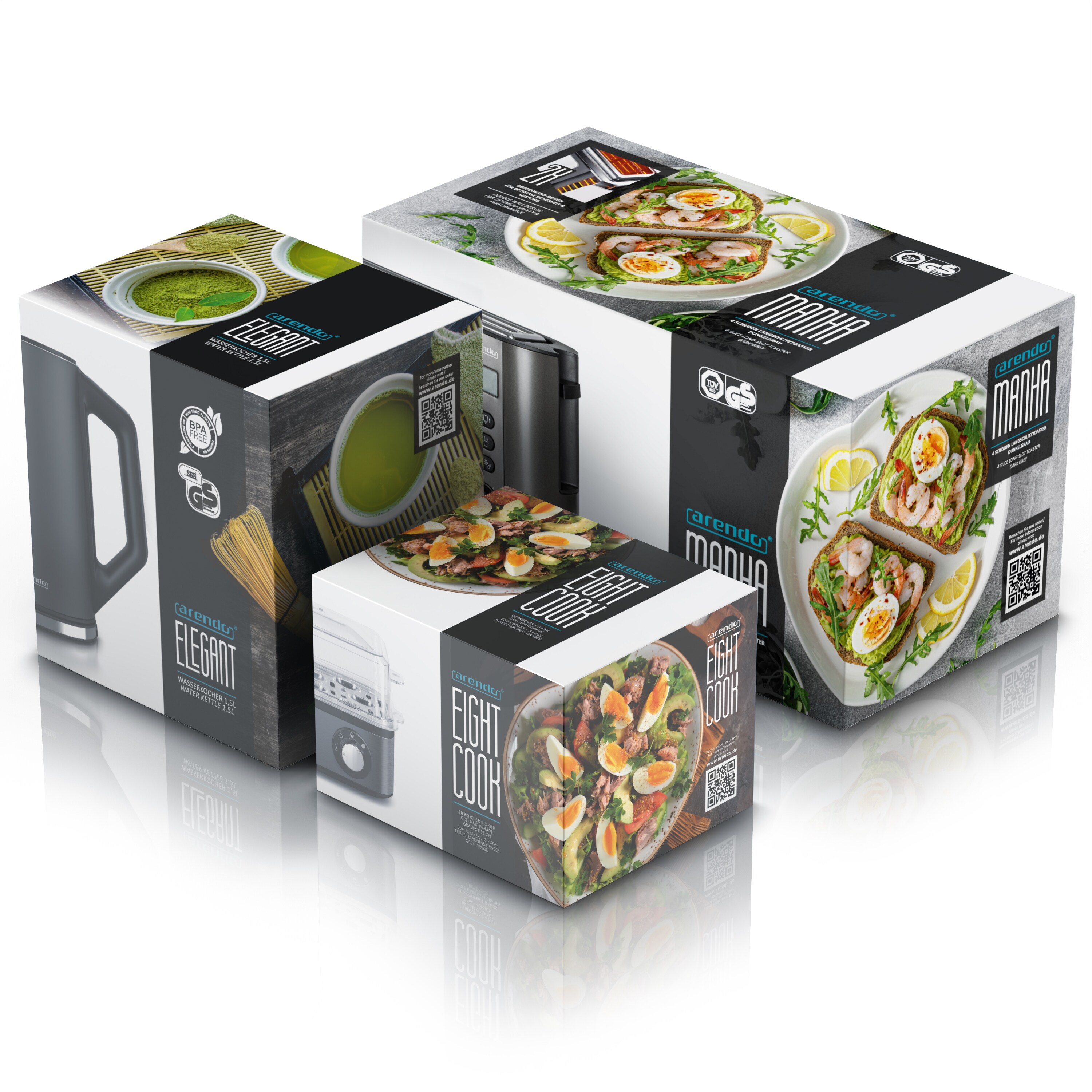 Arendo Frühstücks-Set 3-teilig, 4-Scheiben Langschlitztoaster, 8er Eierkocher, 1,5L Wasserkocher, Grau