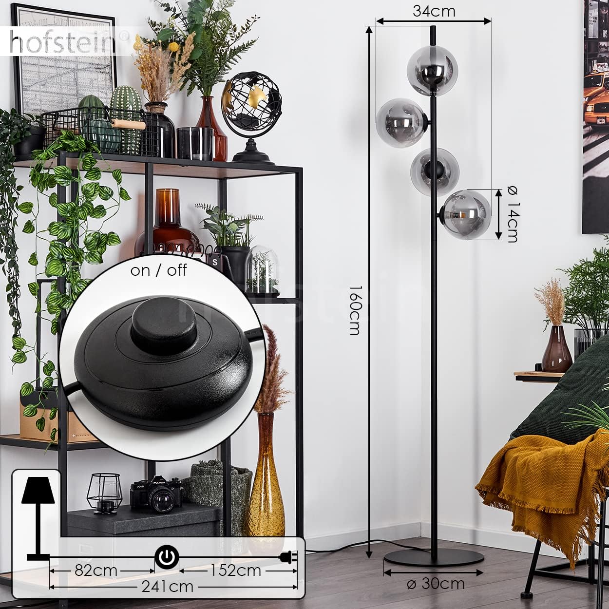Stehleuchte Remaisnil, moderne Stehlampe aus Metall/Glas in Schwarz/Rauchfarben, moderne Bodenlampe im Retro/Vintage-Design mit Fußschalter am Kabel, 4-flammig, 4 x G9, ohne Leuchtmittel