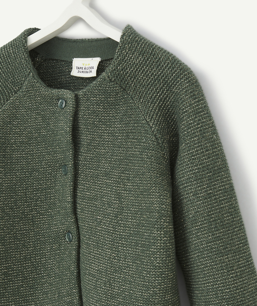 CARDIGAN BÉBÉ FILLE EN COTON BIO VERT AVEC DÉTAILS COULEUR DORÉE