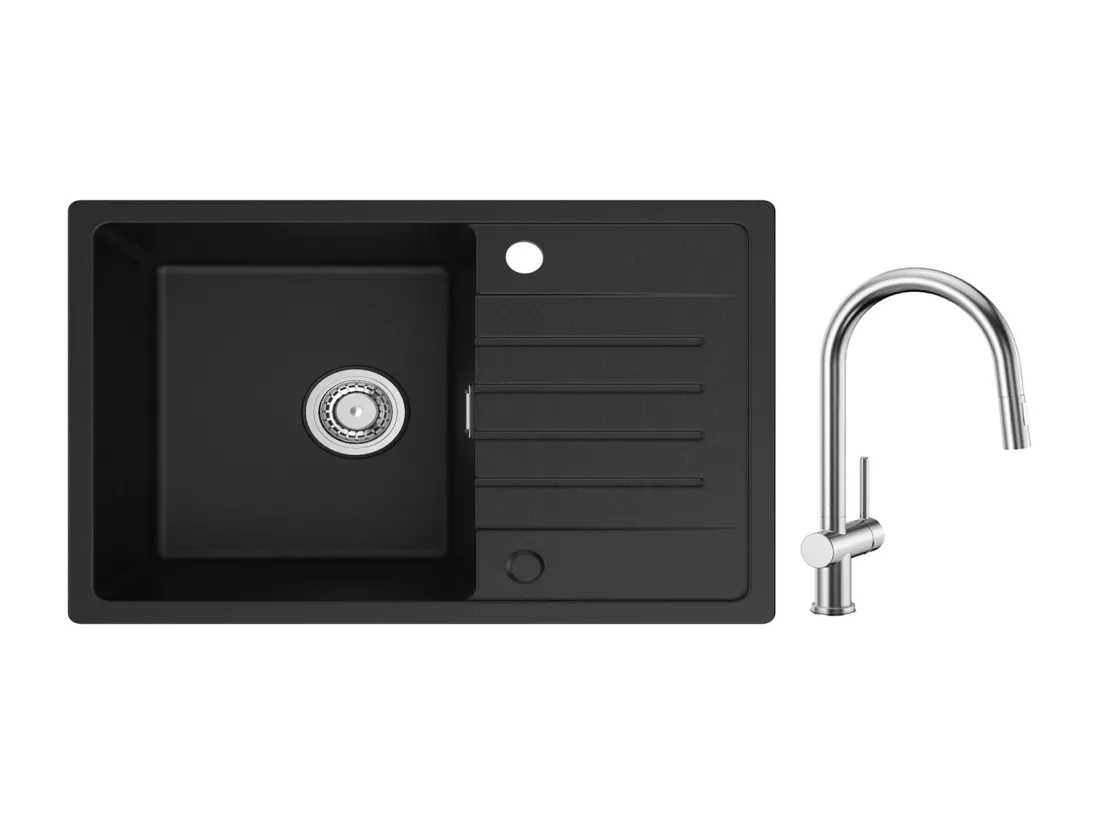 Cecipa max 78x45cm Evier 1 Bac avec Egouttoir Evier à encastrer Quartz et résine Noir + Mitigeur de Cuisine avec Douchette Extractible Brossé