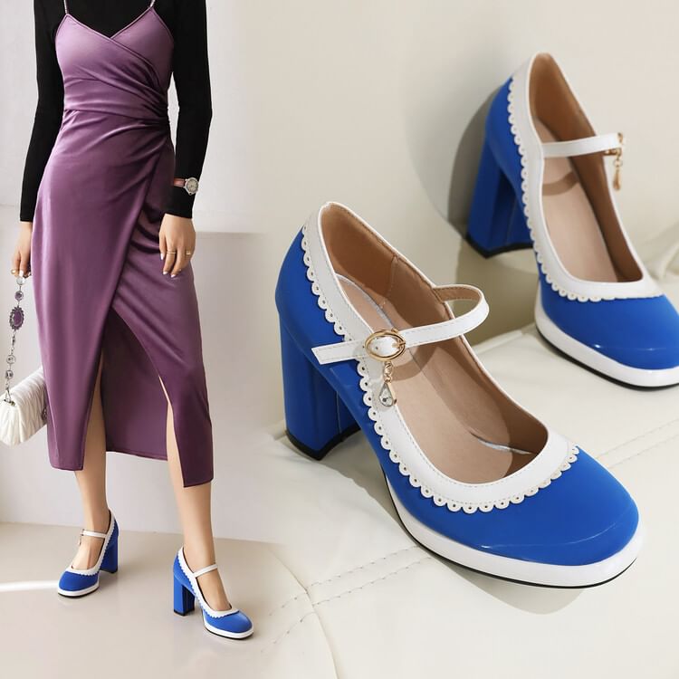 Freesia - Mary Jane pumps met kanten rand en dikke hak
