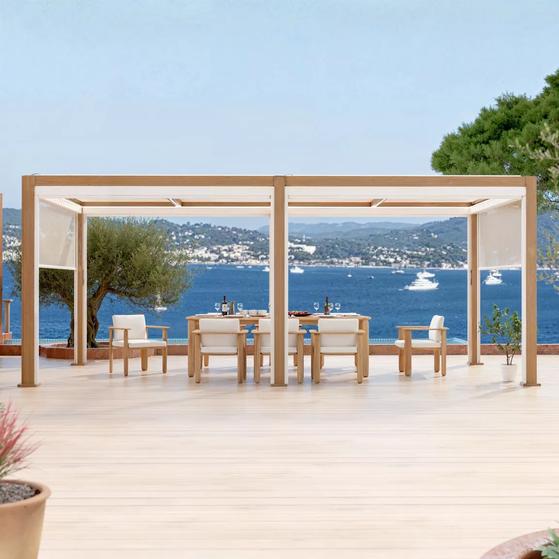 Pergola bioclimatique Autoportée motorisée aluminium et LED (3 x 6 m) Bois