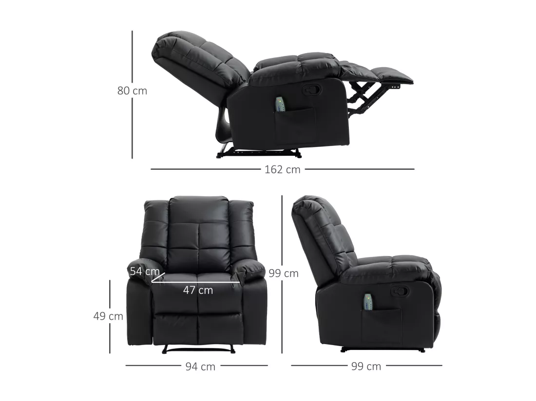 Fauteuil luxe de relaxation et massage inclinaison dossier repose-pied réglable revêtement synthétique noir