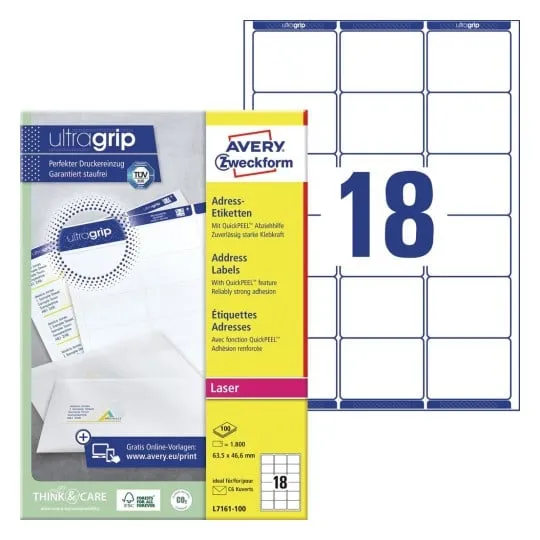 Etiketter Avery 63,5x46,6 mm hvid med QuickPEEL™ & Ultragrip - (100 ark x 18 stk.)