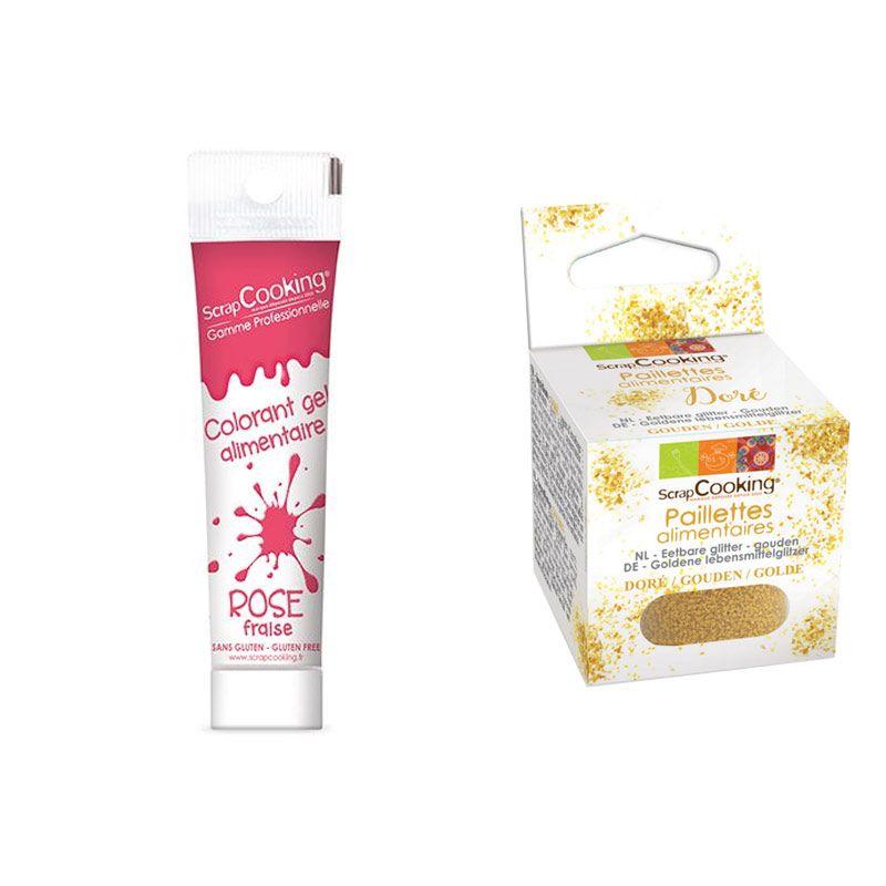 Colorant alimentaire en gel rose foncé + paillettes dorées Scrapcookin