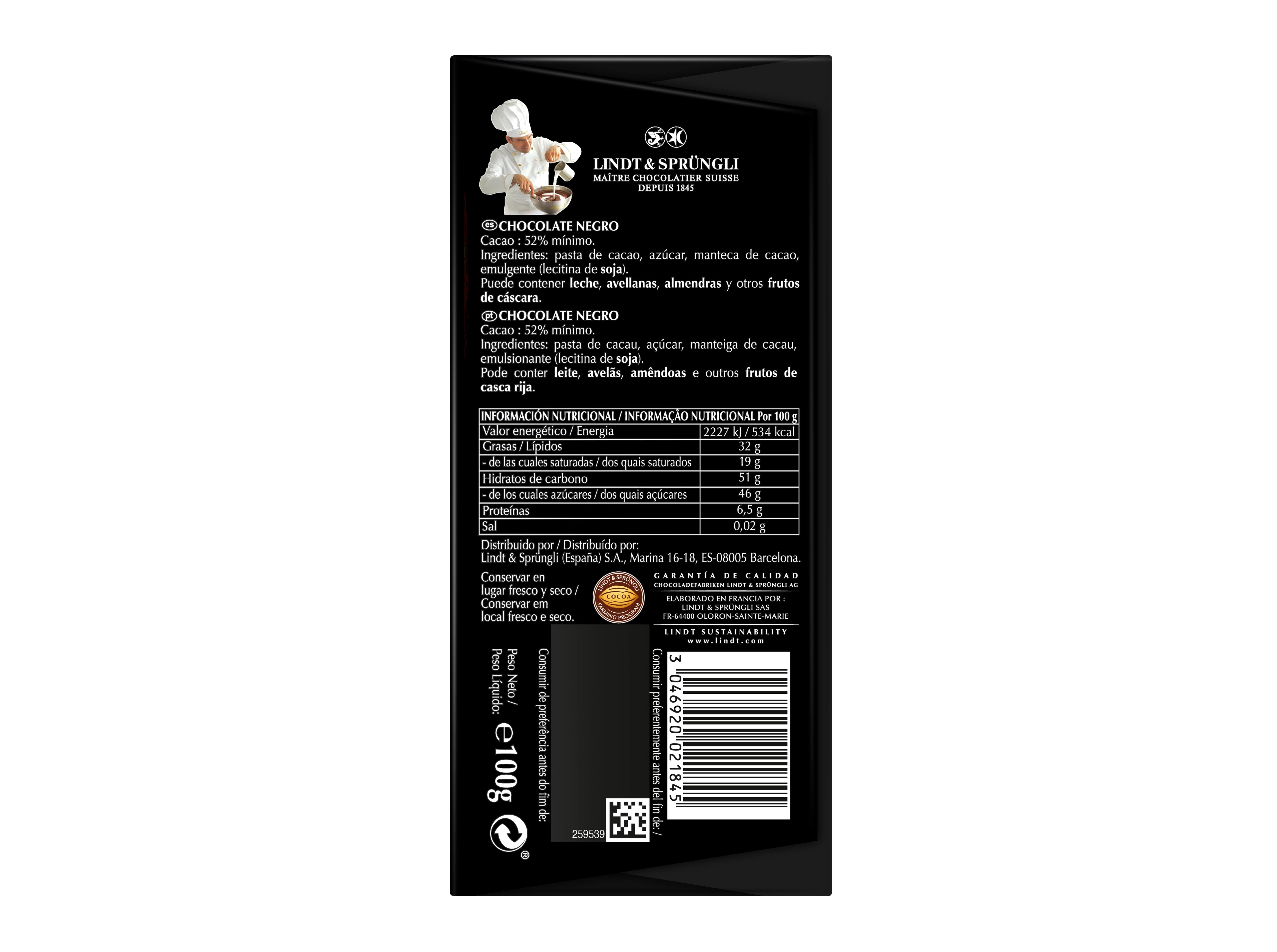 CHOCOLATE NEGRO LINDT 52% CACAU 100G