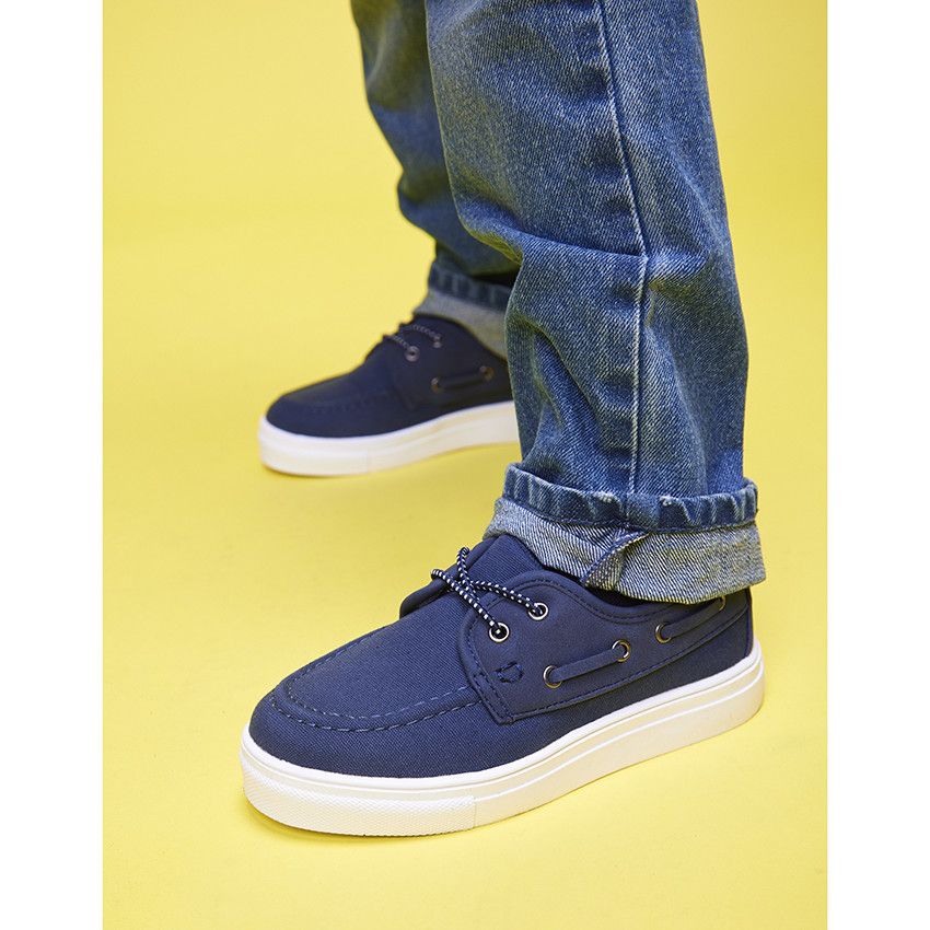Baskets basses style bateau bi-matières à lacets élastiqués pour garçon - Bleu marine