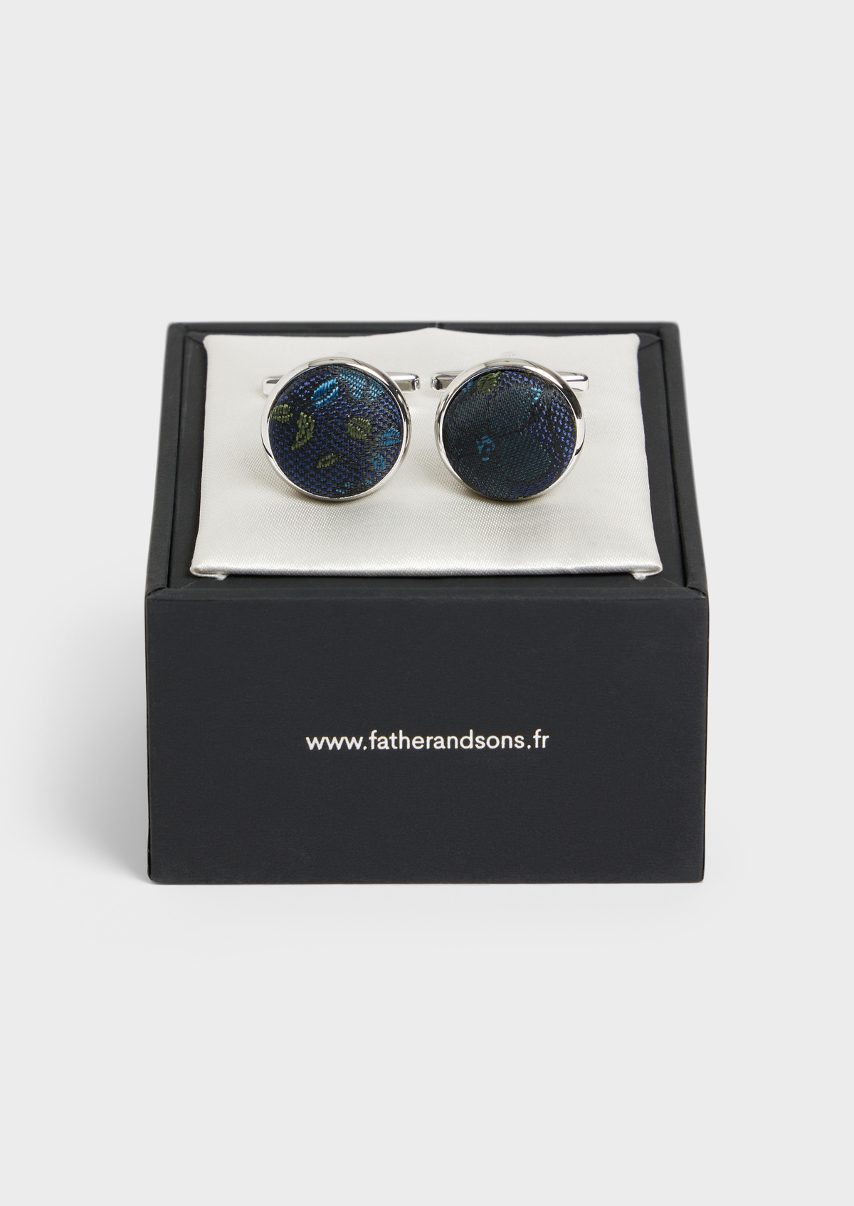 Boutons de manchettes ronds en soie mélangée bleu prusse à motif fleuri kaki et bleu