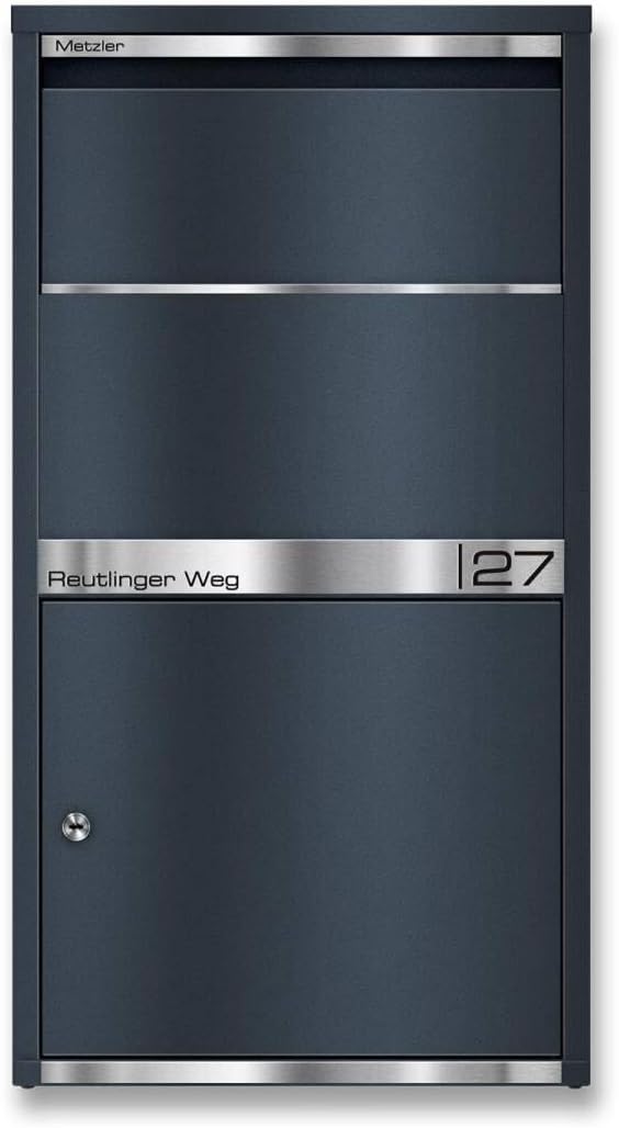 Metzler® Paketbox Avalon 1 Anthrazit, rostfreier und massiver Stahlbriefkasten mit Gravurplatte, kontaktloses Klappensystem, wetterfester XXL Paketkasten 44x82x22 cm, Schloss, außen sicher und modern