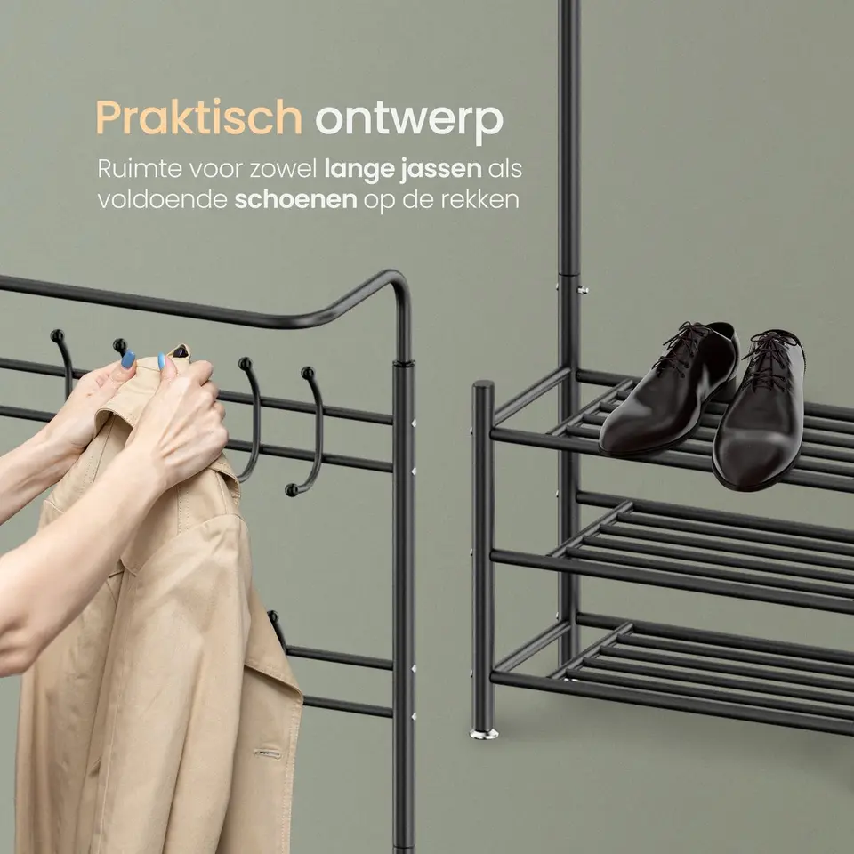 O'DADDY Staande Kapstok met Schoenenrek - Zwart Metaal