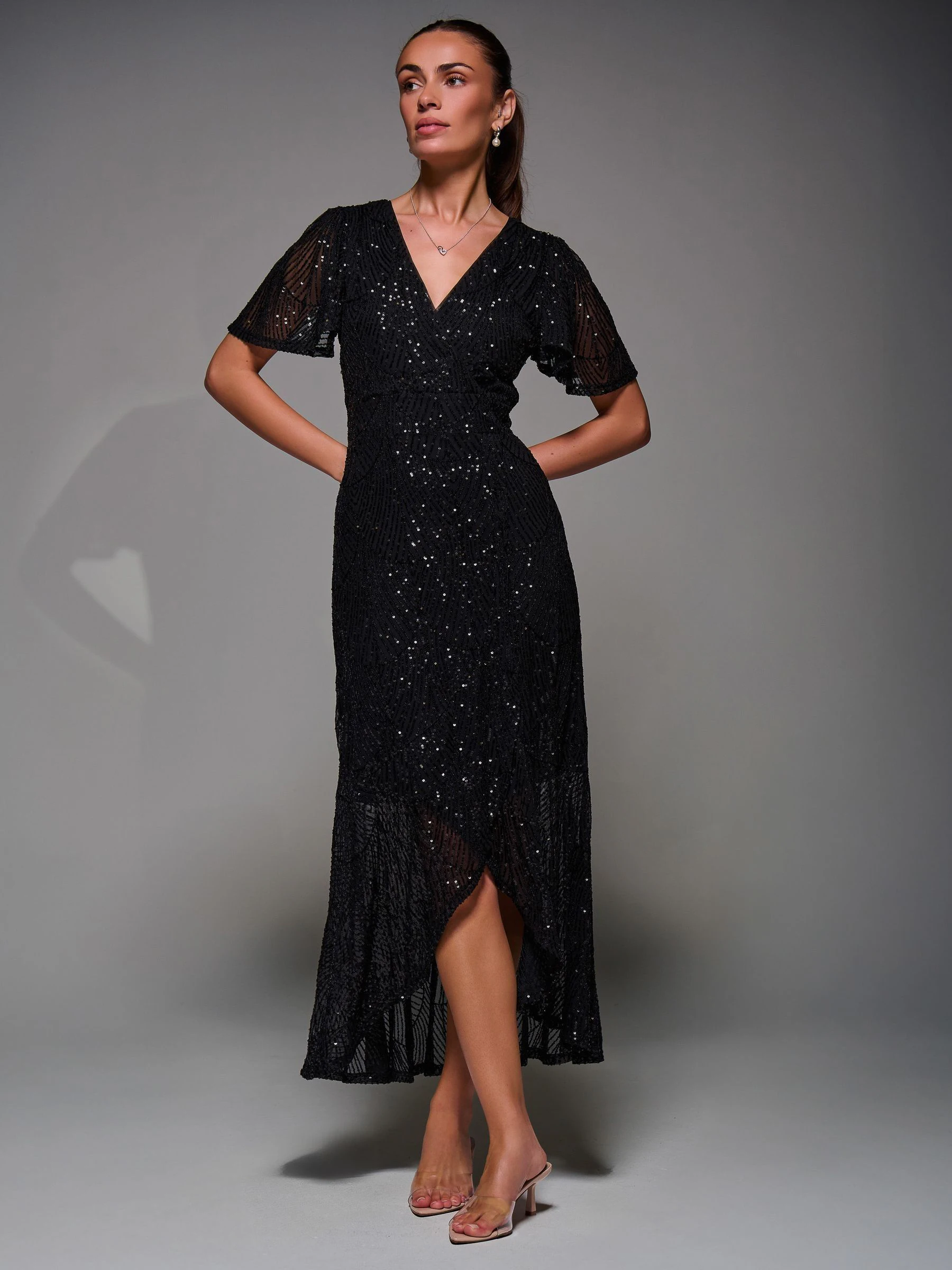 Denim zwart - Jolie Moi Sequin Angel Sleeve Ruffle Hem Maxi Dress