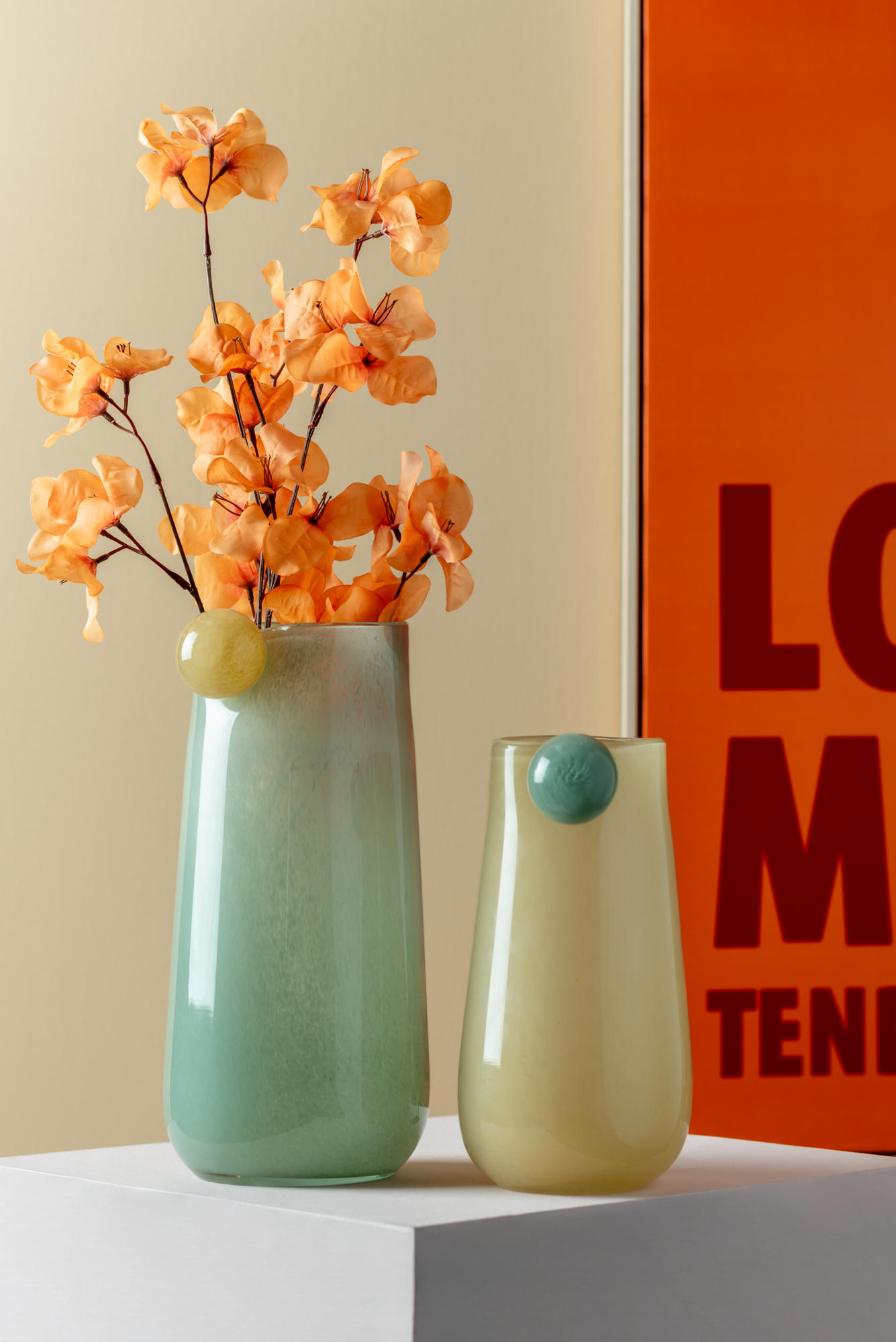 Vase Bolita glass large soft blue w. soft orange