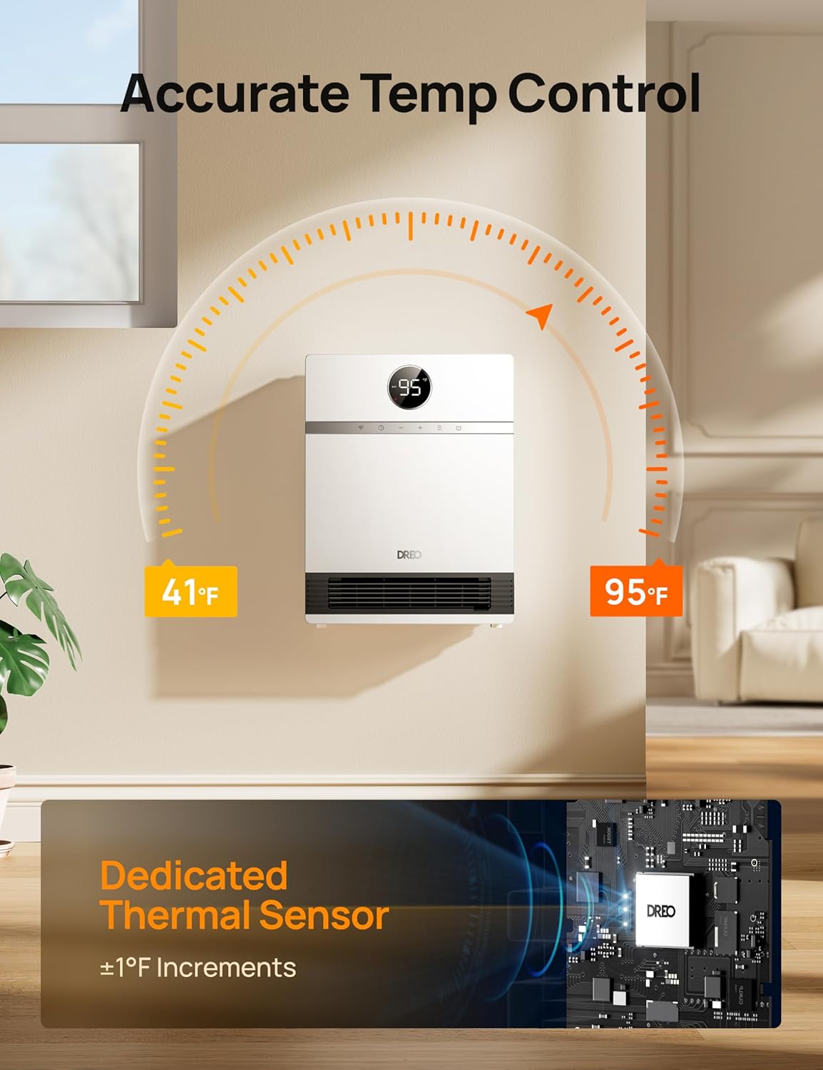 Dreo Chauffage mural intelligent - Fougère de sortie à 30° - 1500 W - Thermostat réglable - Télécommande - Minuterie - Chauffage Easy-Mount pour une utilisation en intérieur - Fonctionne avec Alexa