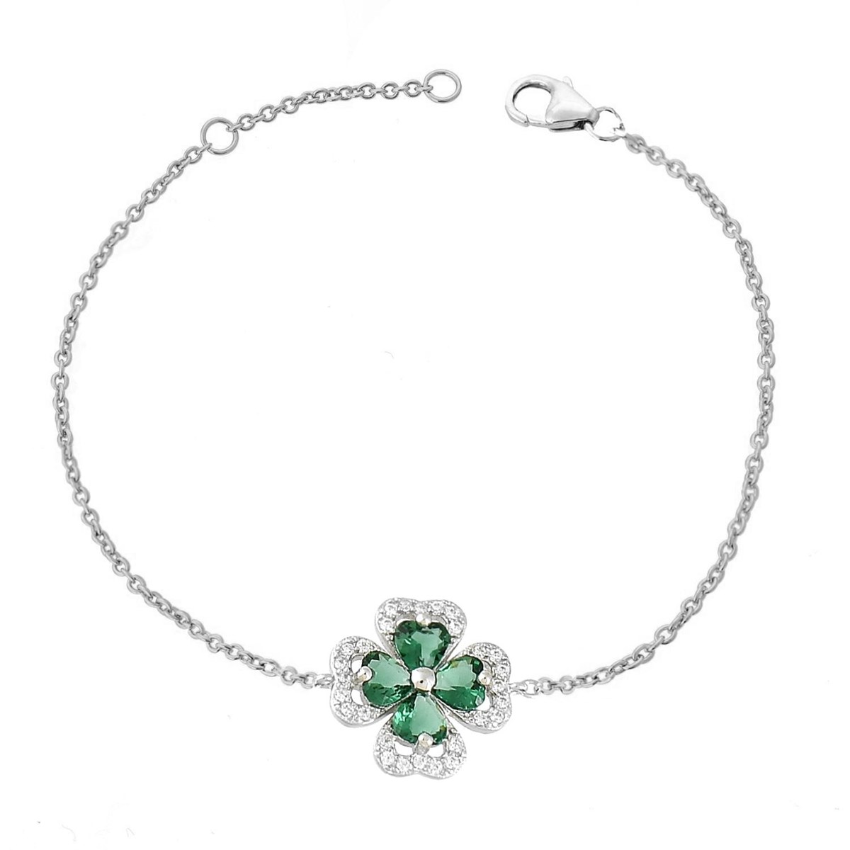 Bracelet trèfle de coeurs oxydes de zirconium verts Argent 925 Rhodié