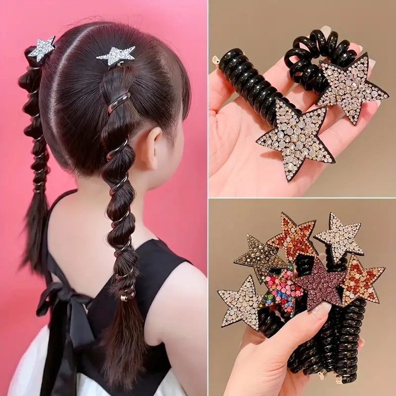 (2er Set) Elastisches Kinder Spiral Haargummi Stern Accessoire für Zöpfe / Frisuren - Bunt