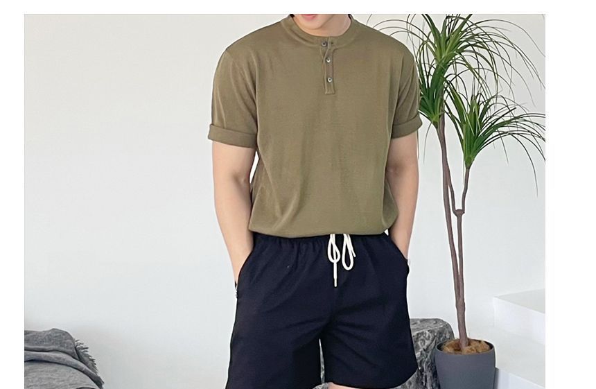 Okwano - Henley gebreide top met korte mouwen