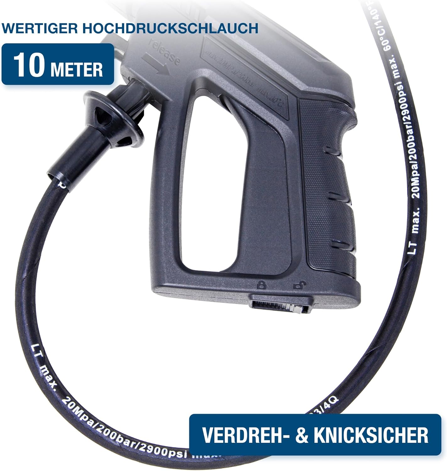 HYUNDAI Hochdruckreiniger HPW2000CE, max. 160 bar - 450 l/h, 2000 W, verdreh-sicherer 10m Schlauch, Edelstahl-Lanze mit Verstellbarer Düse, rotierende Turbodüse, Seifenflasche