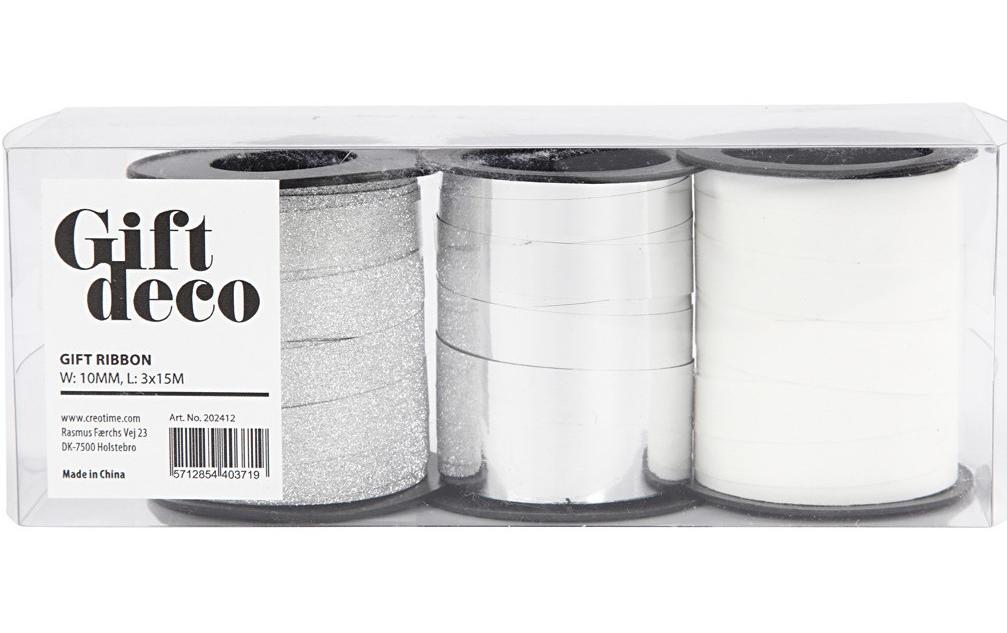 Geschenkband Weiss/Silber 1 cm x 15 m, 3 StückKräuselband für Geschenke