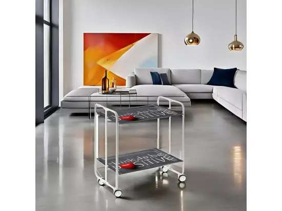 Chariot pliant à roulettes, desserte - Structure métallique blanche, 2 niveaux en stratifié motif Think, do, be positive - 72*66*43 cm - BAUHAUS