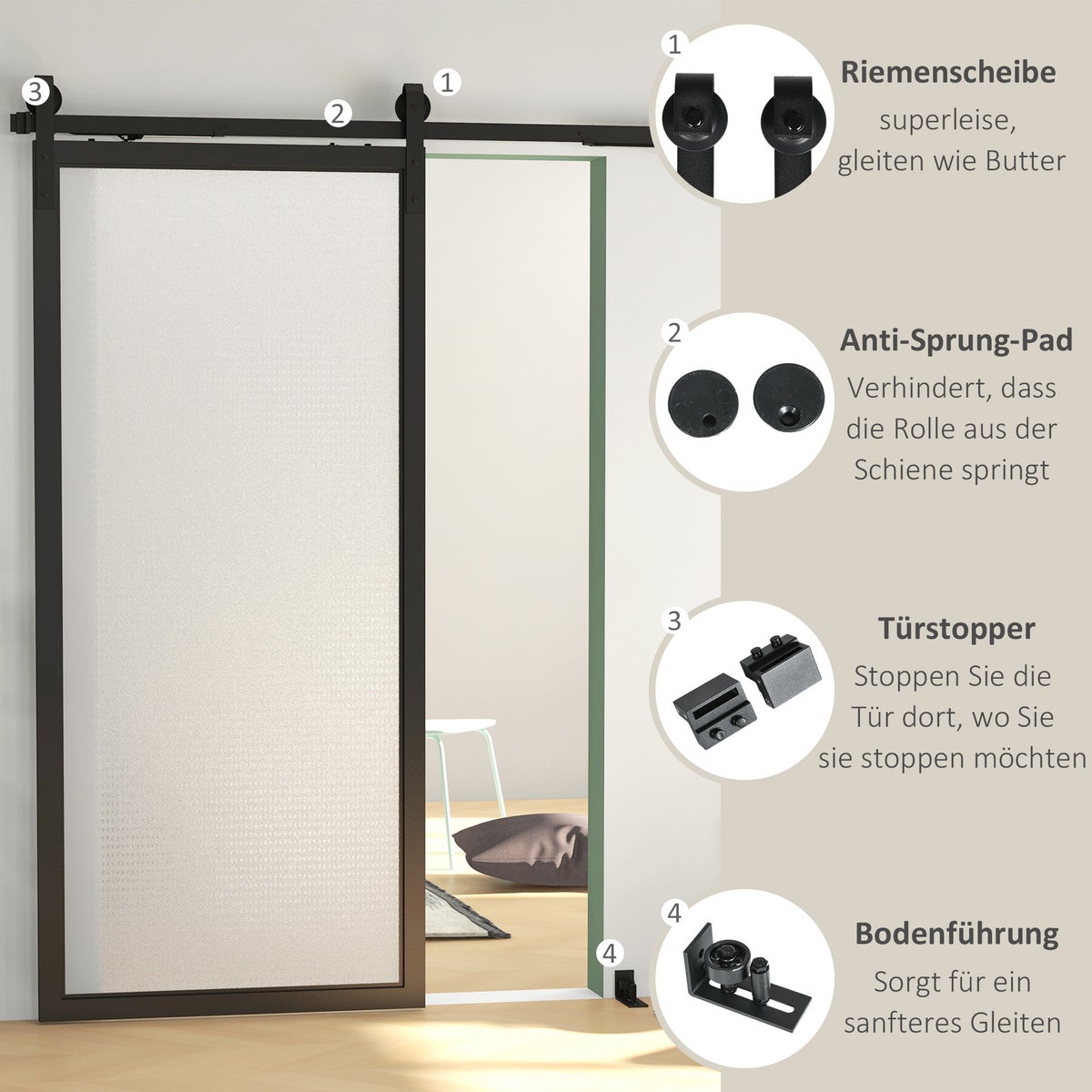 HOMCOM Schuifdeurbeslagset 183 cm Complete set met rails, rollen, anti-springbeveiliging, deurstopper, vloergeleider, schuifdeursysteem van koolstofstaal, zwart