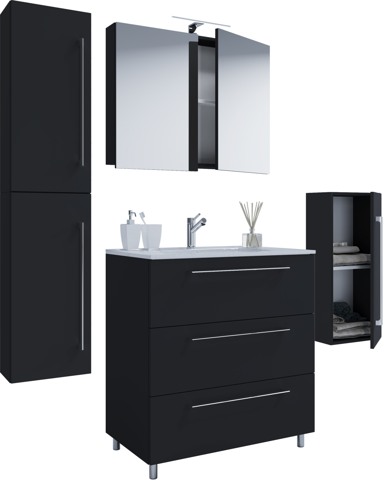 5-teiliges Badmöbel-Set BADINOS 3 - schwarz - mit Spiegelschrank
