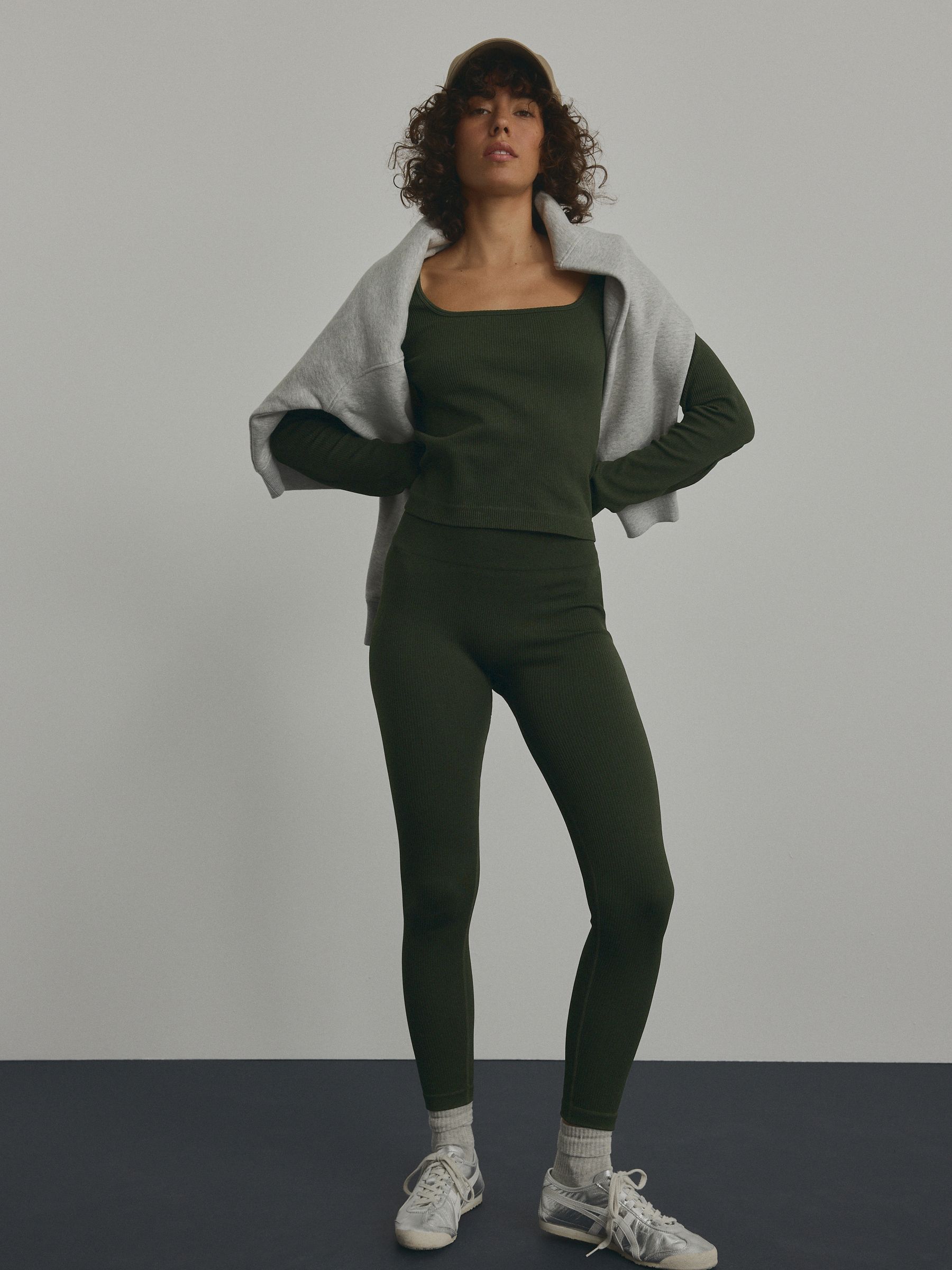 Donkergroen - Geribbelde naadloze legging met hoge taille