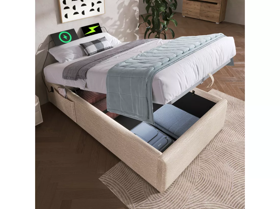 Lit coffre 90 x 200 cm sans tête de lit - 2 poches latérales et prises USB + Type-C - Tissu en lin - Beige (sans matelas)