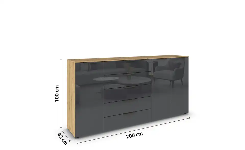 Sideboard Basaltgrau, Eiche Artisan (Nachbildung) Front: Glas, Oberboden: Dekor Graphit