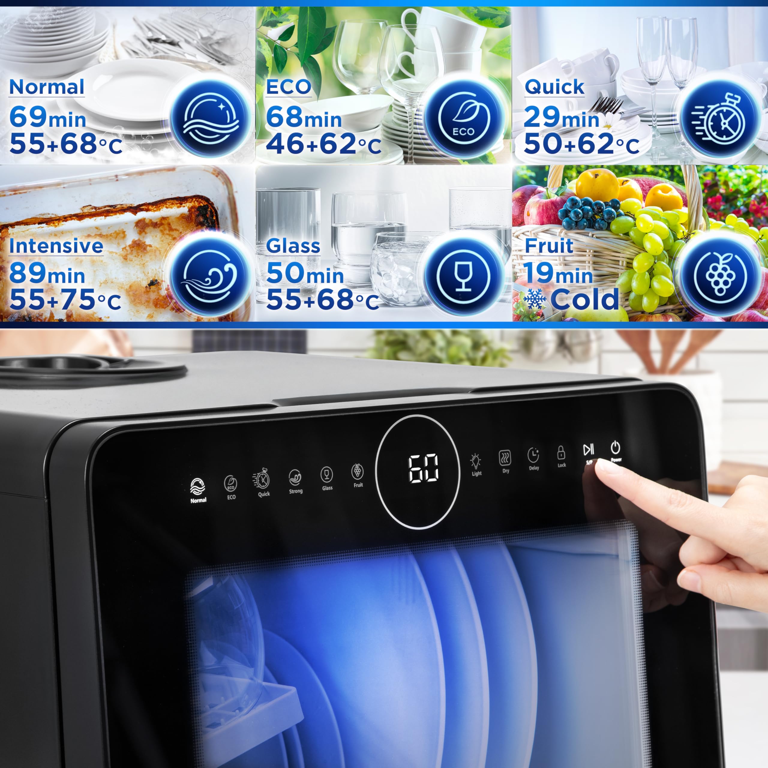 Duronic DW5 BK Lave-vaisselle de table 950W lave vaisselle posable portable compact gain de place pour petite cuisine 7 programmes de lavage séchage e