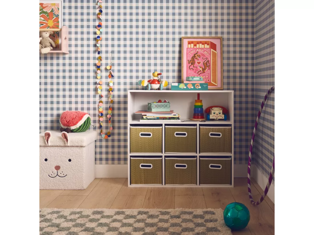 Meuble de rangement pour enfant avec 7 compartiments et 6 paniers en fibre végétale