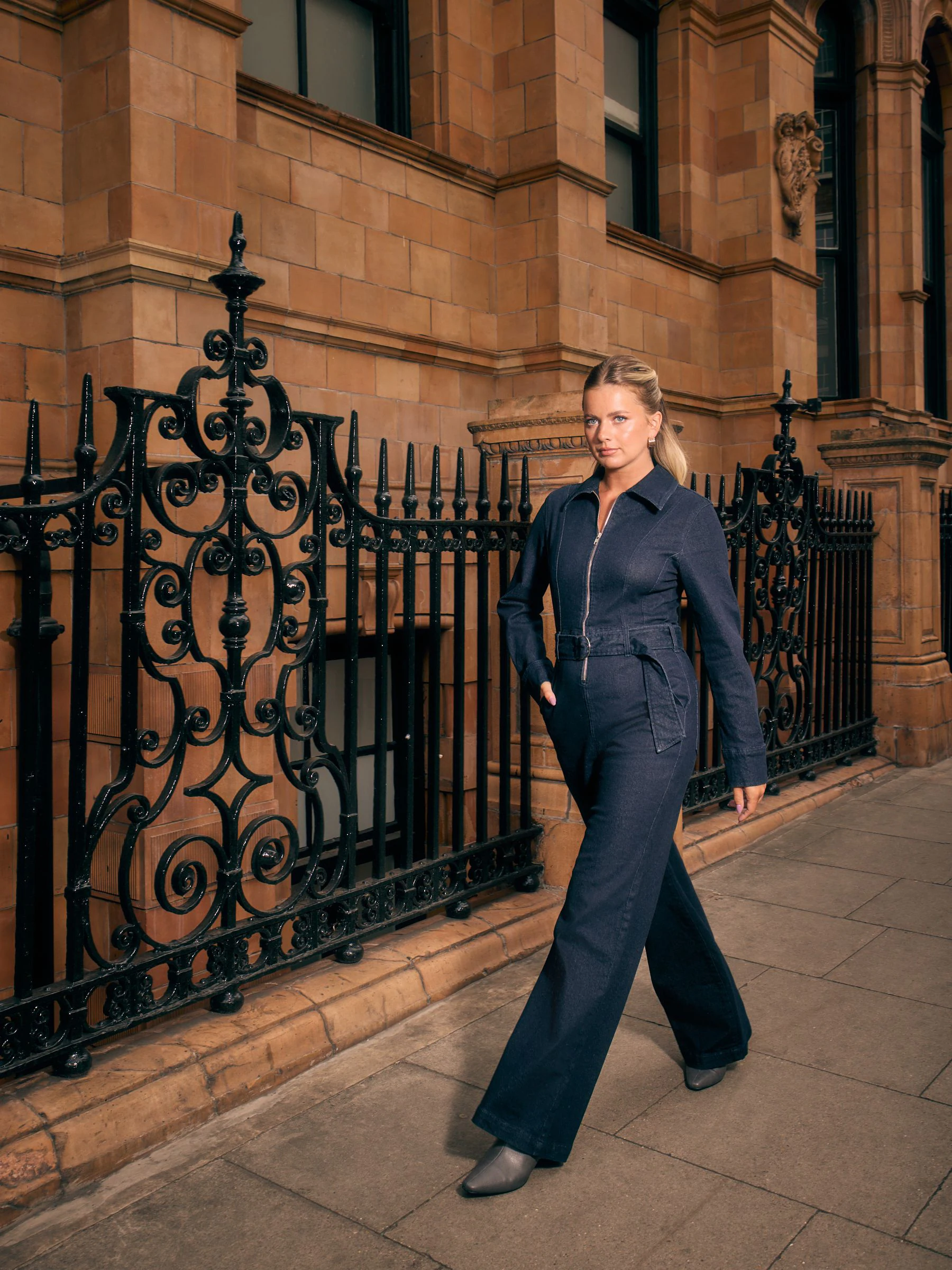 Wassing - Denim Belted Wide Leg Jumpsuit
