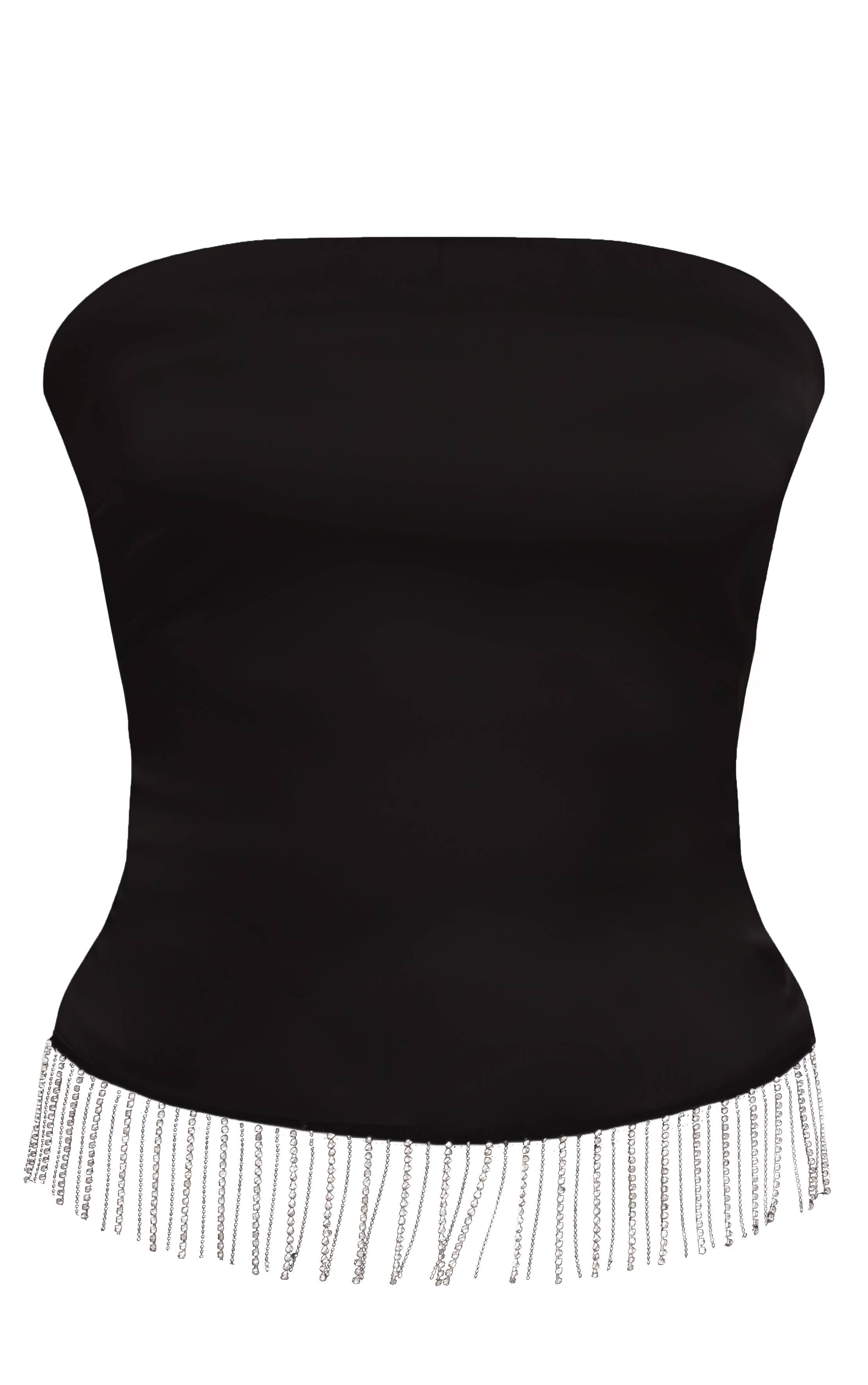 Noir Top Bandeau Long En Satin Avec Bordure Ornée De Strass