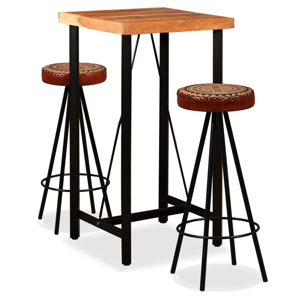 vidaXL 3-delige barset, massief acaciahout, leer en canvas