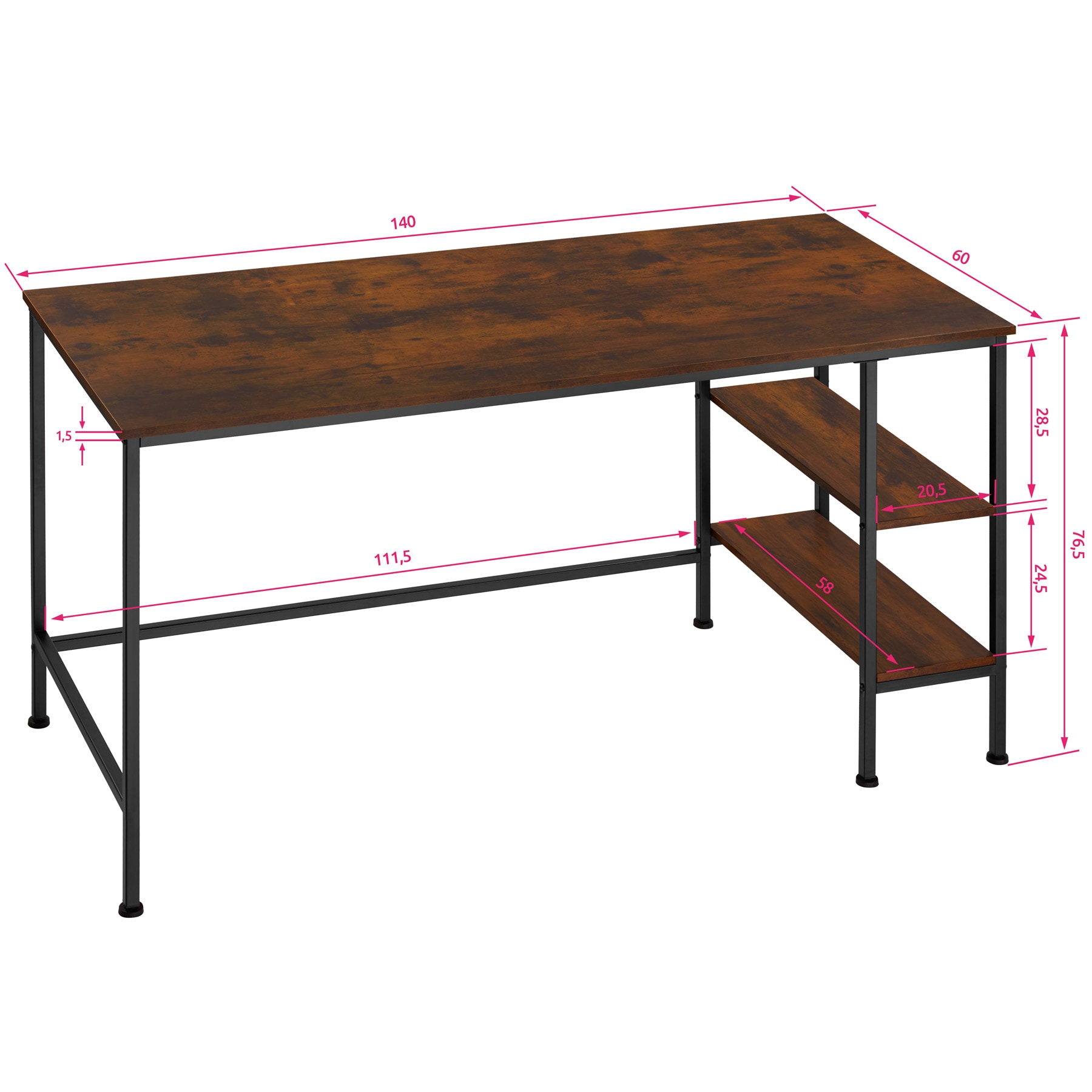 tectake® Schreibtisch, Industrial Style, Seitenregal mit 2 Ablagefächern rechts oder links, 140 x 60 x 76,5 cm