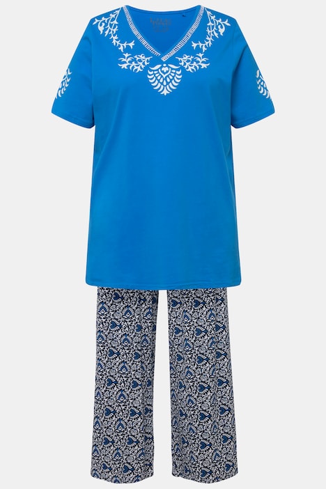 Pyjama, floraler Druck, V-Ausschnitt, Halbarm