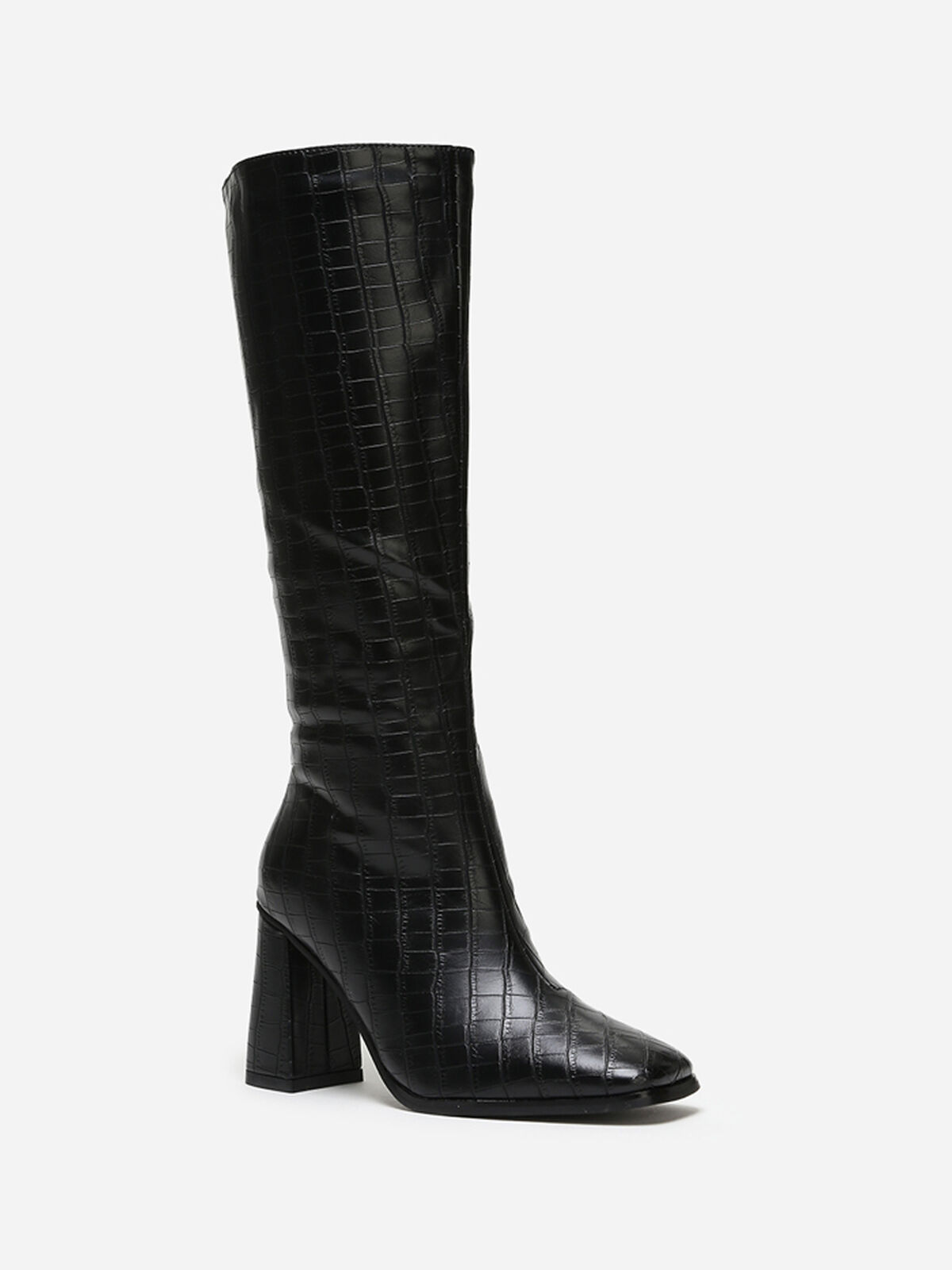 Bottes effet croco à bout carré- Noir